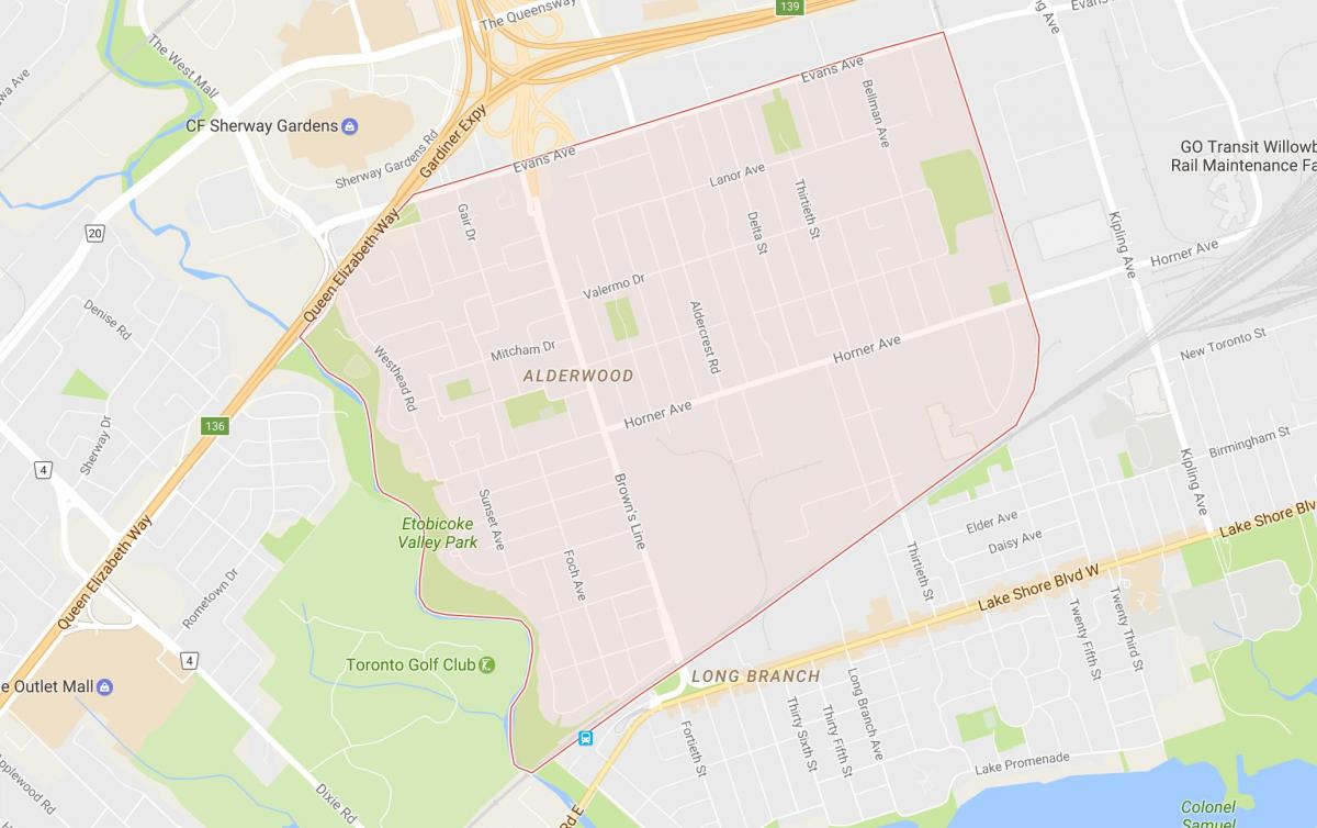 Mapa de Alderwood Parkview barrio de Toronto