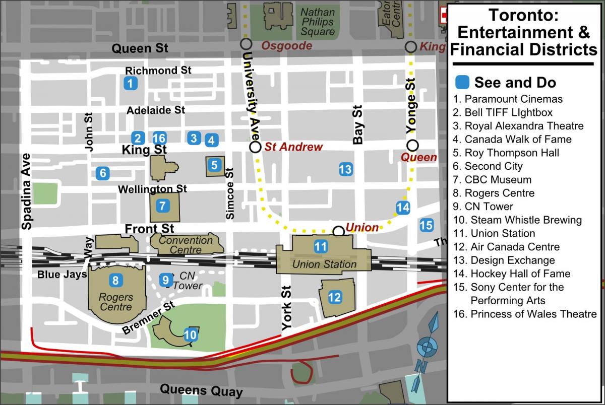 Mapa de los distritos financieros y de Entretenimiento de Toronto