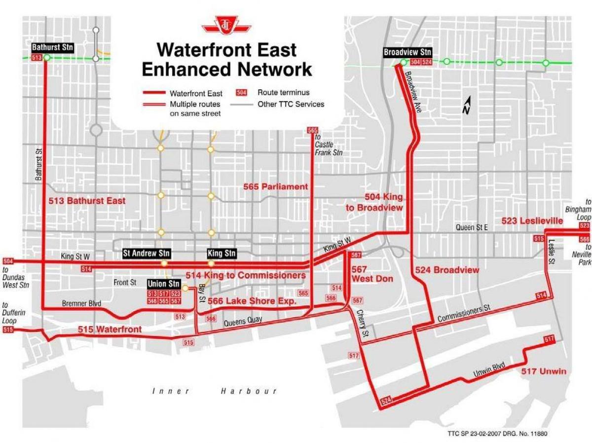 Mapa de la costa Oriental de red mejorada de Toronto