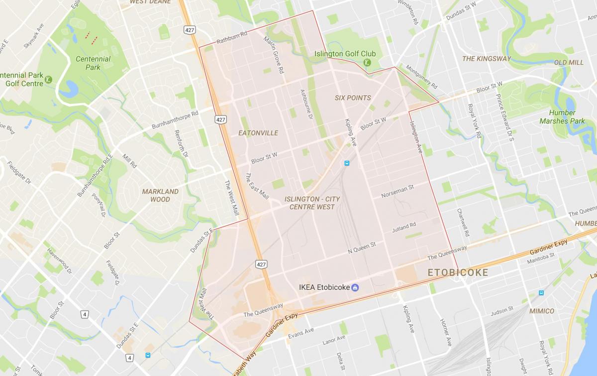 Mapa de Islington-Centro de la Ciudad barrio Oeste de Toronto