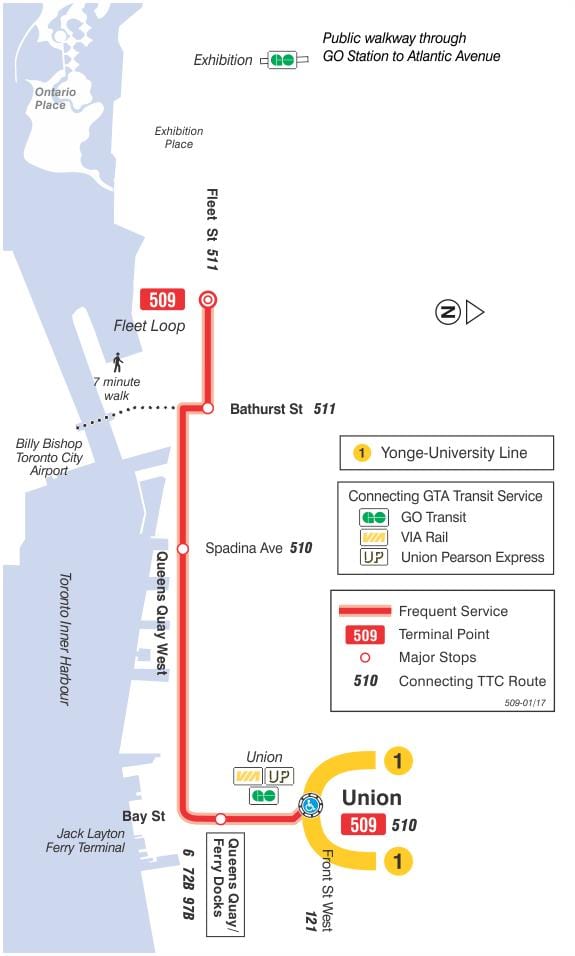 Mapa de la línea de tranvía 509 Harbourfront