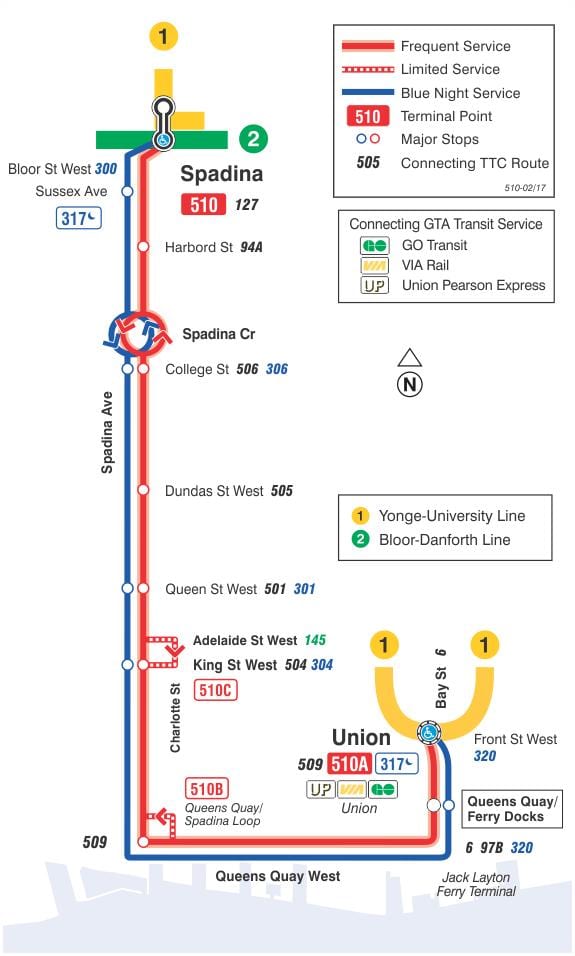Mapa de la línea de tranvía 510 Spadina