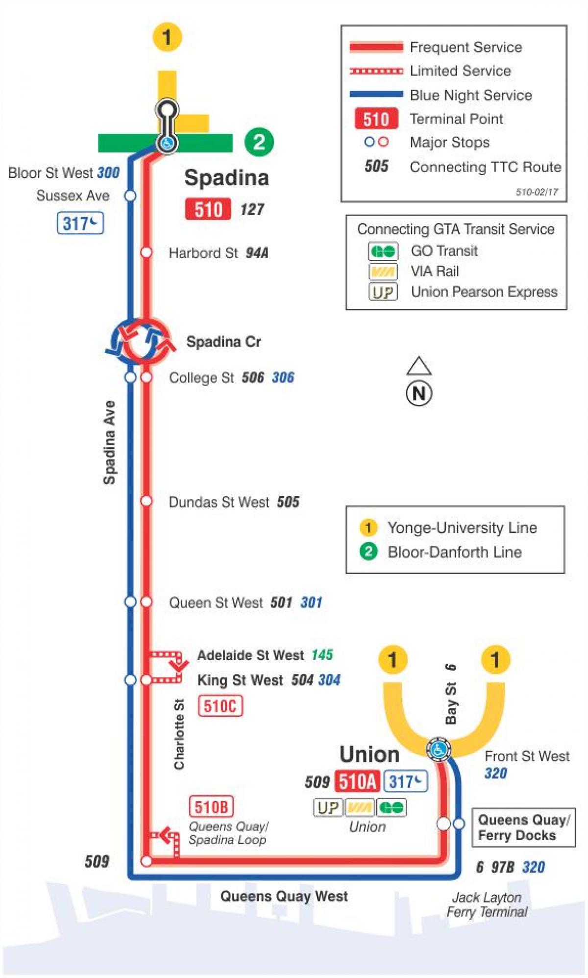Mapa de la línea de tranvía 510 Spadina
