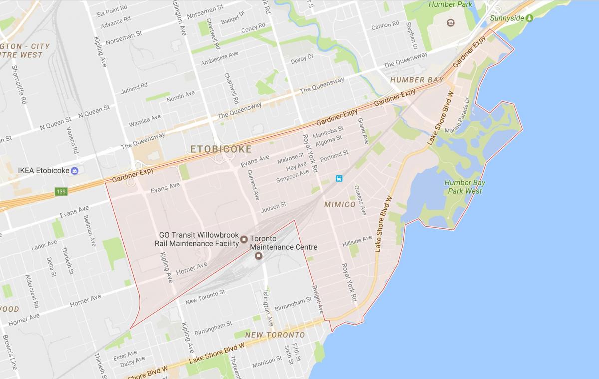 Mapa de Mimico barrio de Toronto