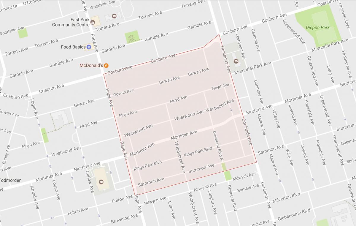 Mapa de Pape Pueblo barrio de Toronto