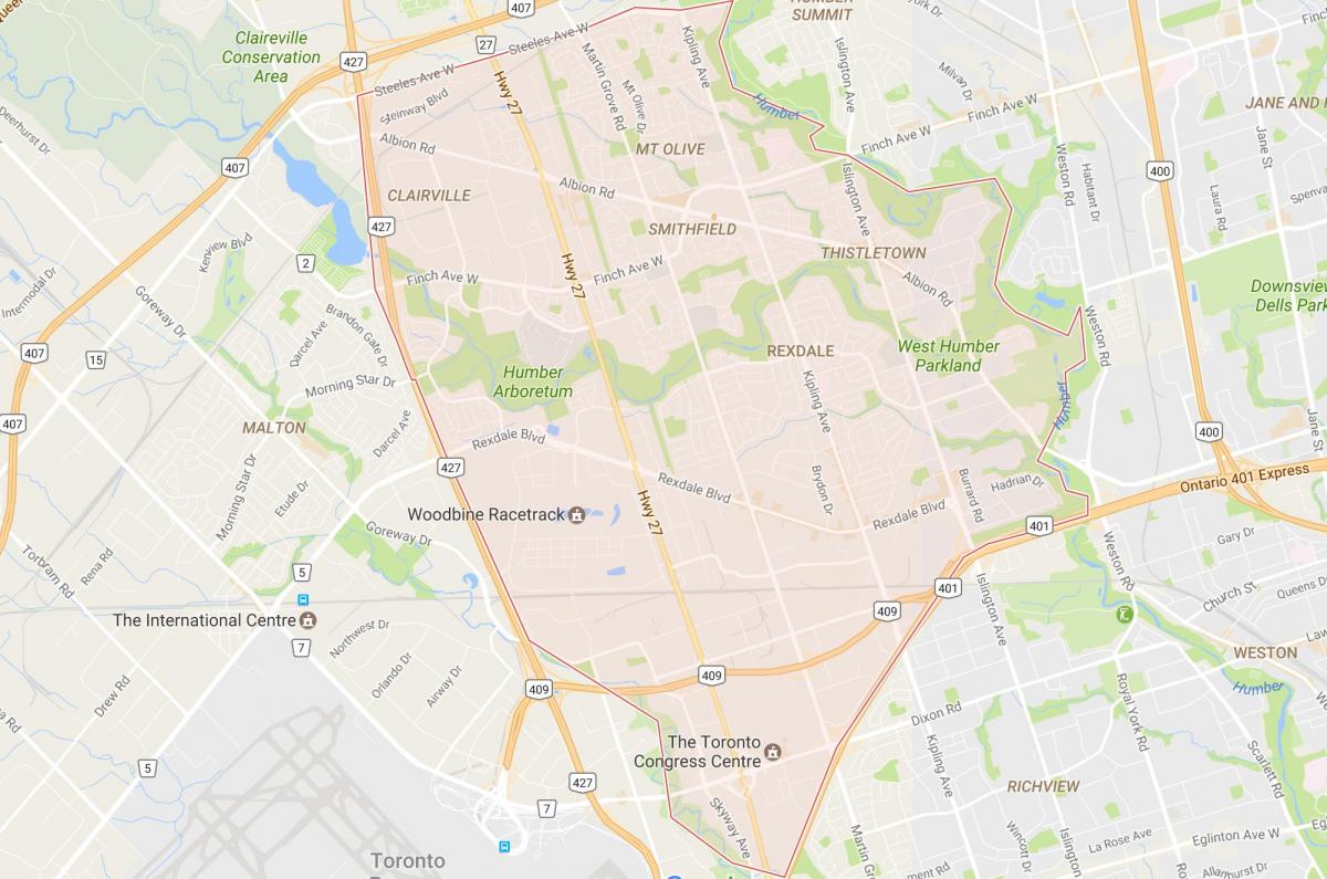 Mapa de Rexdale barrio de Toronto