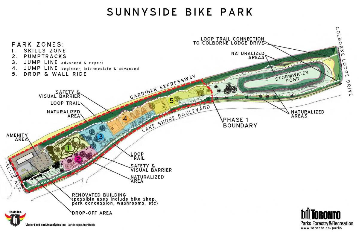 Mapa de Sunnyside en el Bike Park de la zona de Toronto