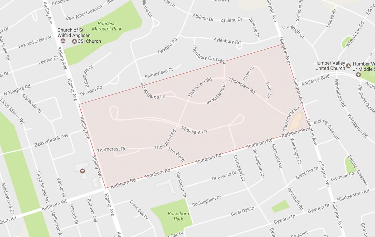 Mapa de Thorncrest Pueblo barrio barrio de Toronto
