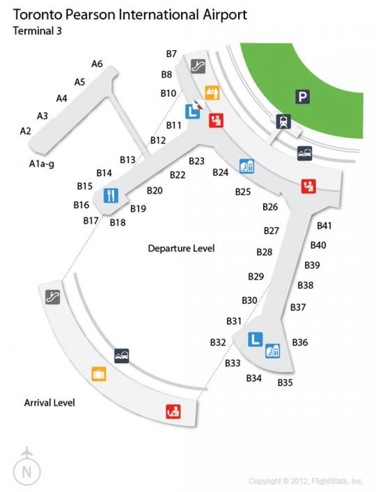 Mapa de Toronto Pearson airport nivel de llegadas de la terminal 3