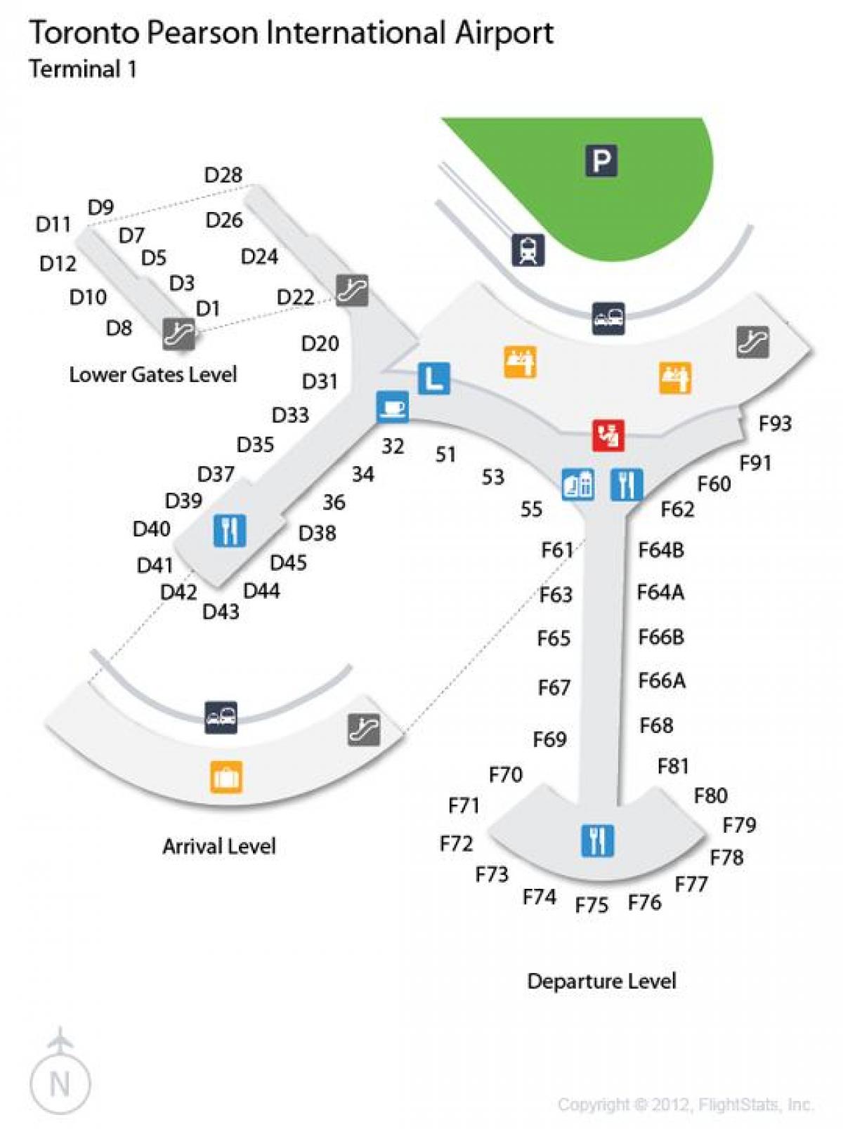 Mapa de Toronto Pearson internacional de la terminal 1 del aeropuerto