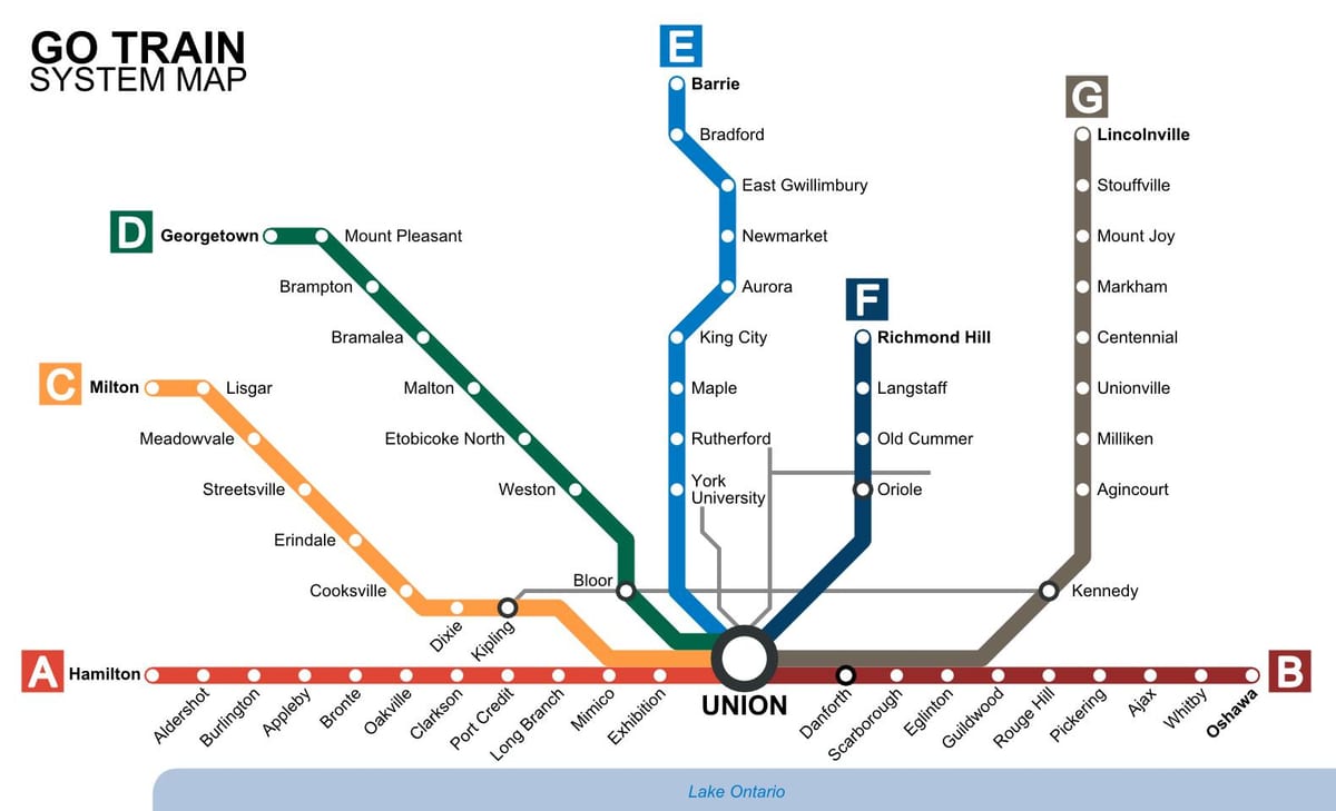 Mapa de Toronto y los trenes pasan de Tránsito