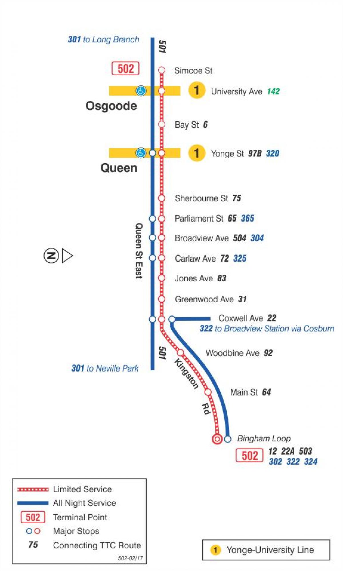 Mapa de la línea de tranvía 502 Downtowner
