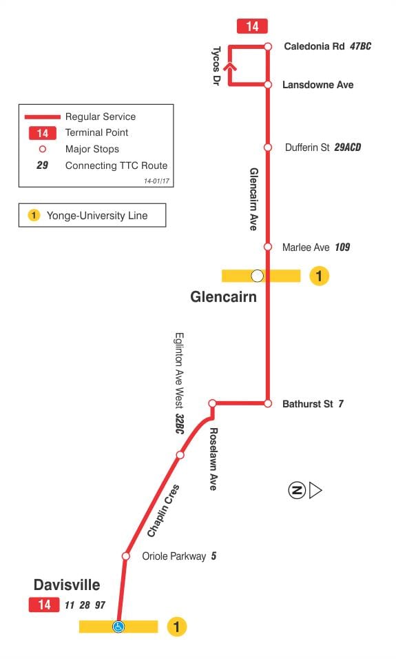 Mapa de TTC 14 de Glencairn la ruta de autobús de Toronto