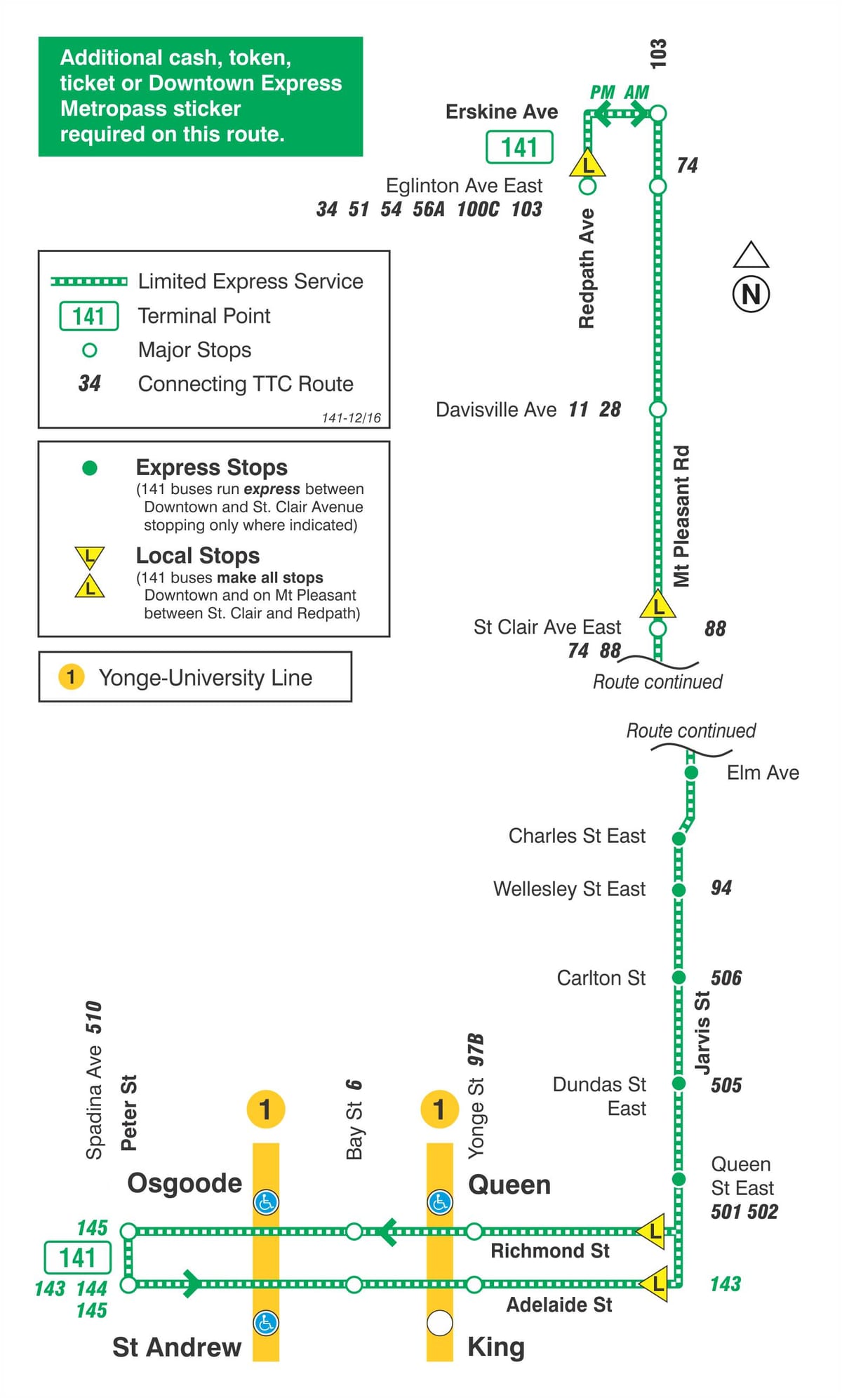 Mapa de TTC 141 Centro de la ciudad / Mt Pleasant autobús Expreso de la ruta Toronto