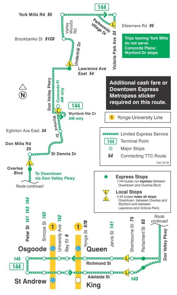 Mapa de TTC 144 Centro de la ciudad / de Don Valley autobús Expreso de la ruta Toronto