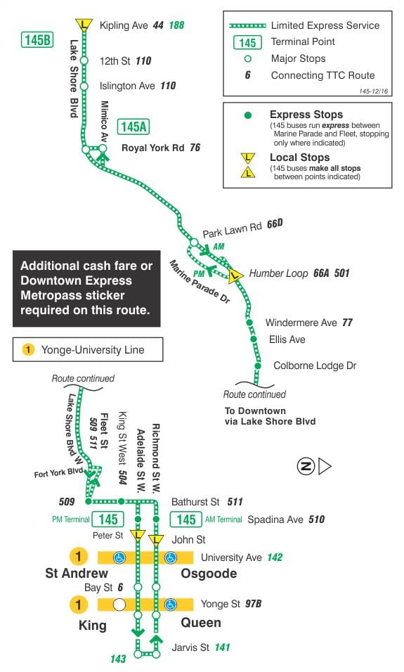 Mapa de TTC 145 Centro de la ciudad / Humber de la Bahía de autobús Expreso de la ruta Toronto