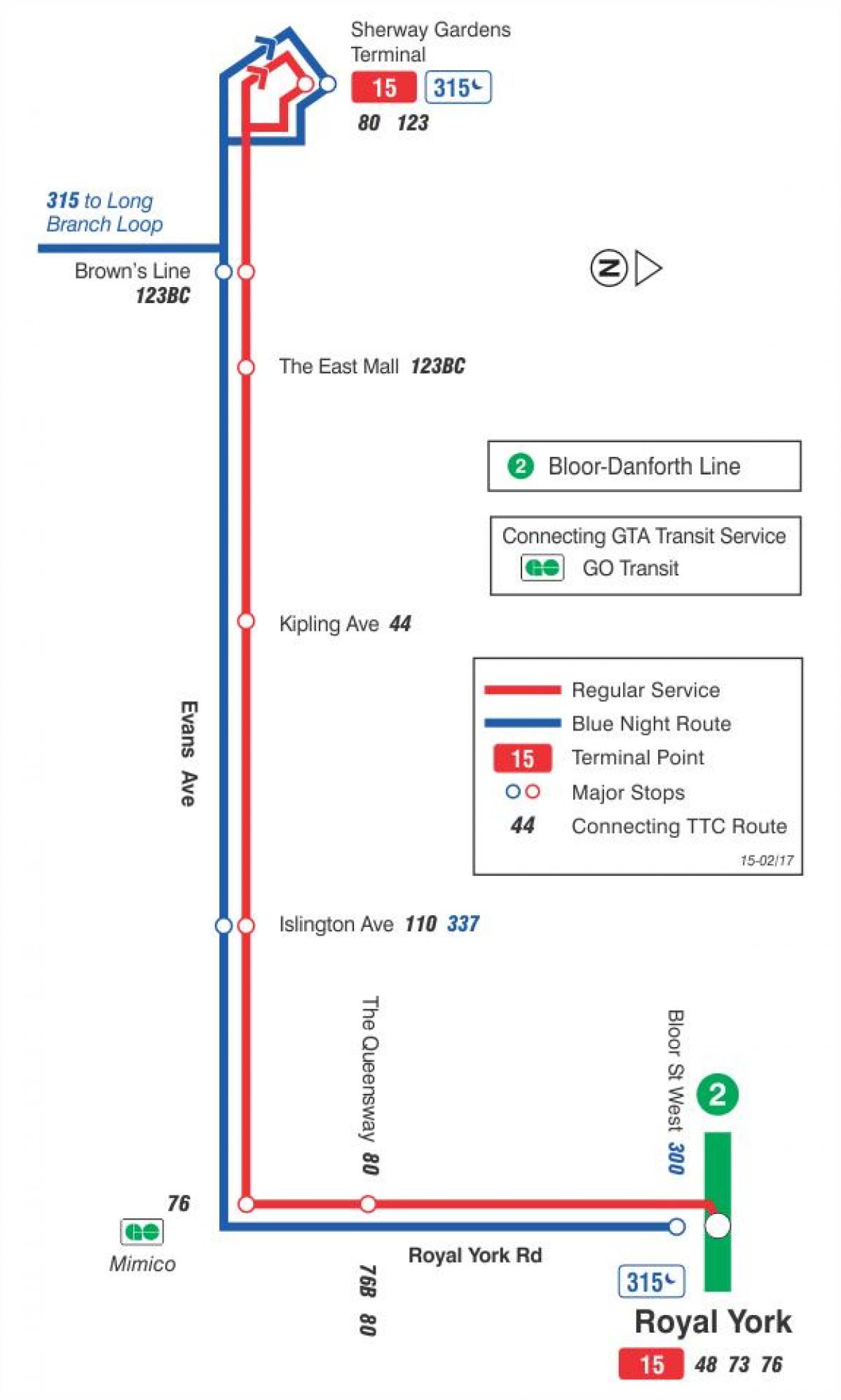 Mapa de TTC 15 Evans de la ruta de autobús de Toronto