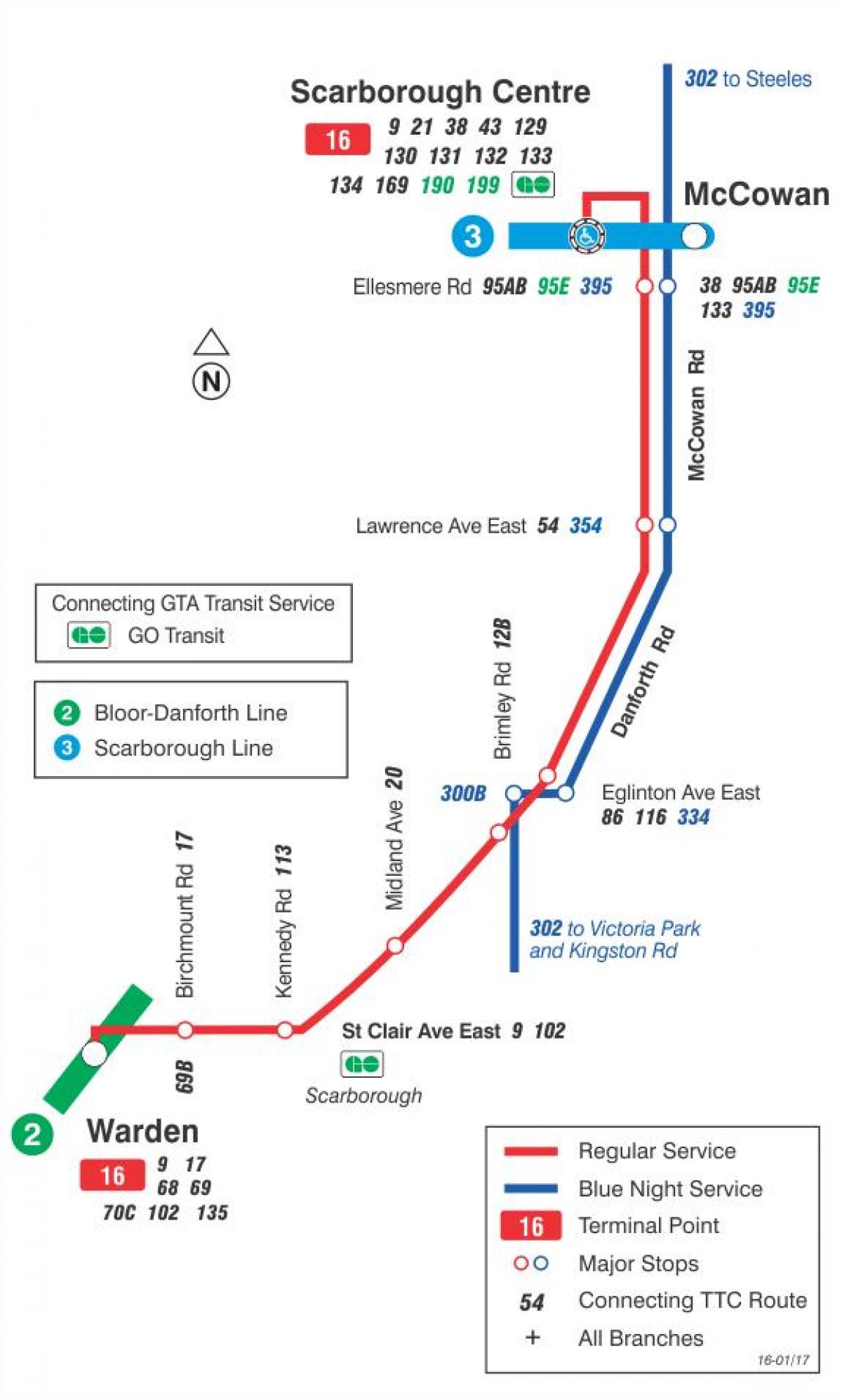 Mapa de TTC 16 McCowan la ruta de autobús de Toronto