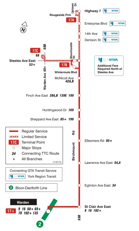 Mapa de TTC 17 Birchmount la ruta de autobús de Toronto