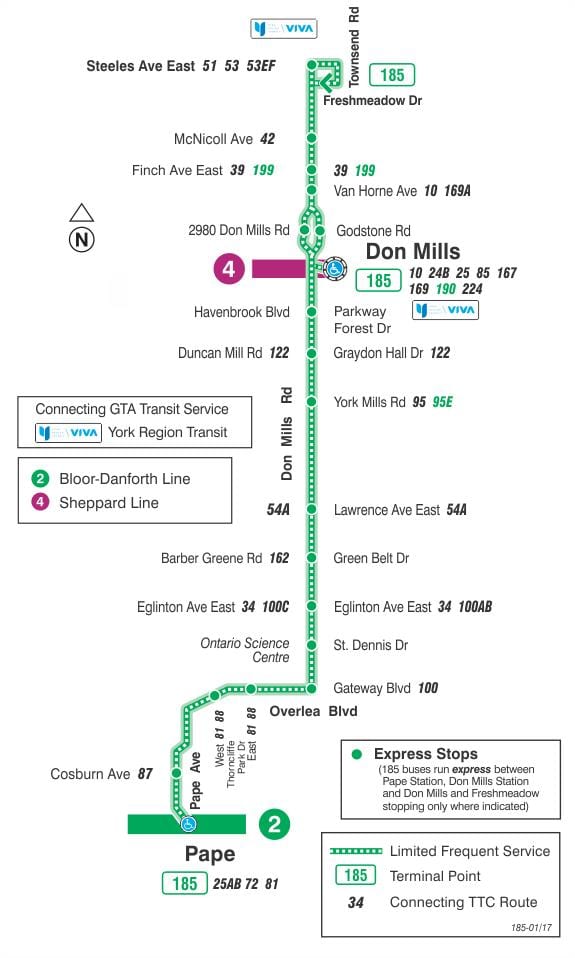 Mapa de TTC 185 Don Mills Cohete de la ruta de autobús de Toronto