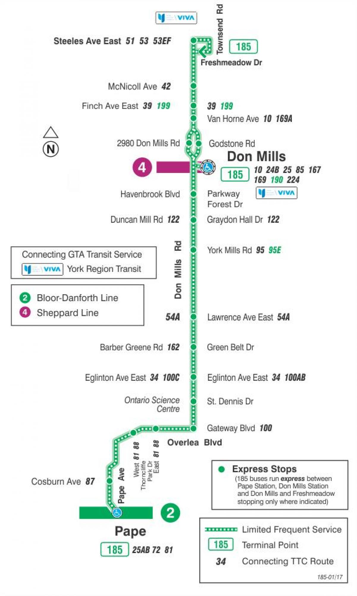 Mapa de TTC 185 Don Mills Cohete de la ruta de autobús de Toronto