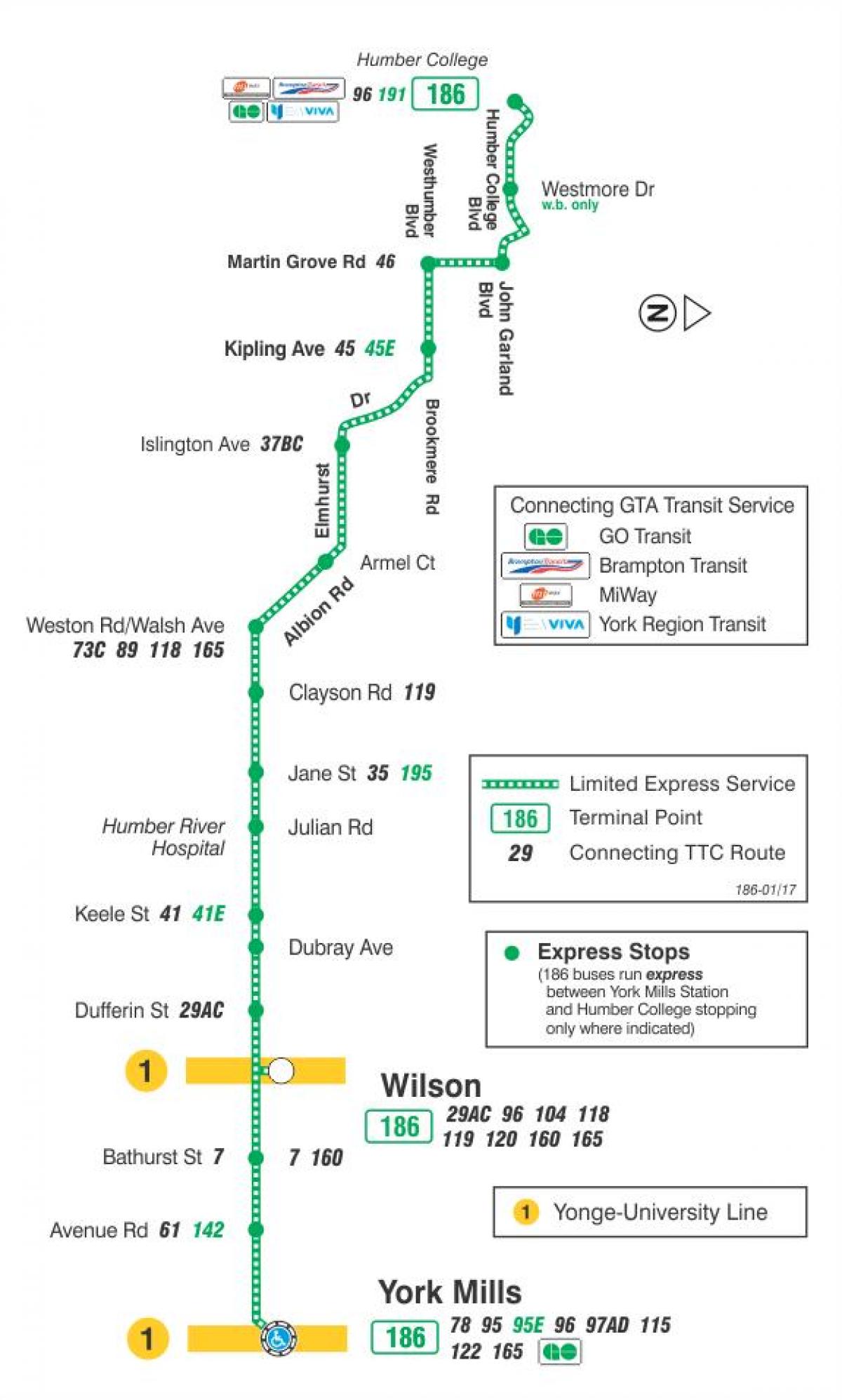 Mapa de TTC 186 Wilson Cohete de la ruta de autobús de Toronto