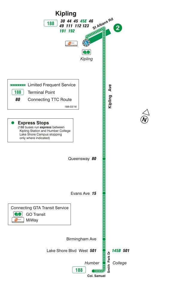 Mapa de TTC 188 Kipling Sur de Cohetes de la ruta de autobús de Toronto