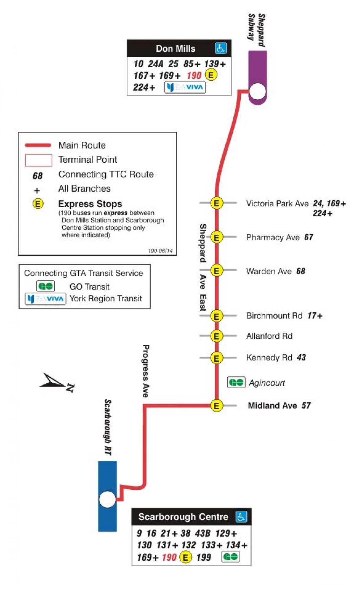 Mapa de TTC 190 Scarborough Centro de Cohete de la ruta de autobús de Toronto