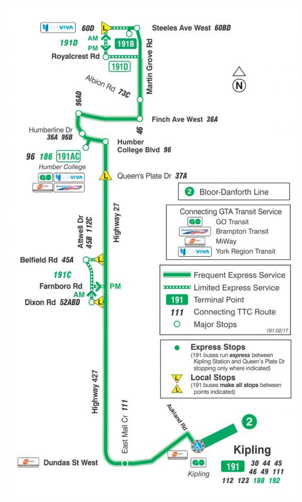 Mapa de TTC 191 Highway 27 de Cohetes de la ruta de autobús de Toronto