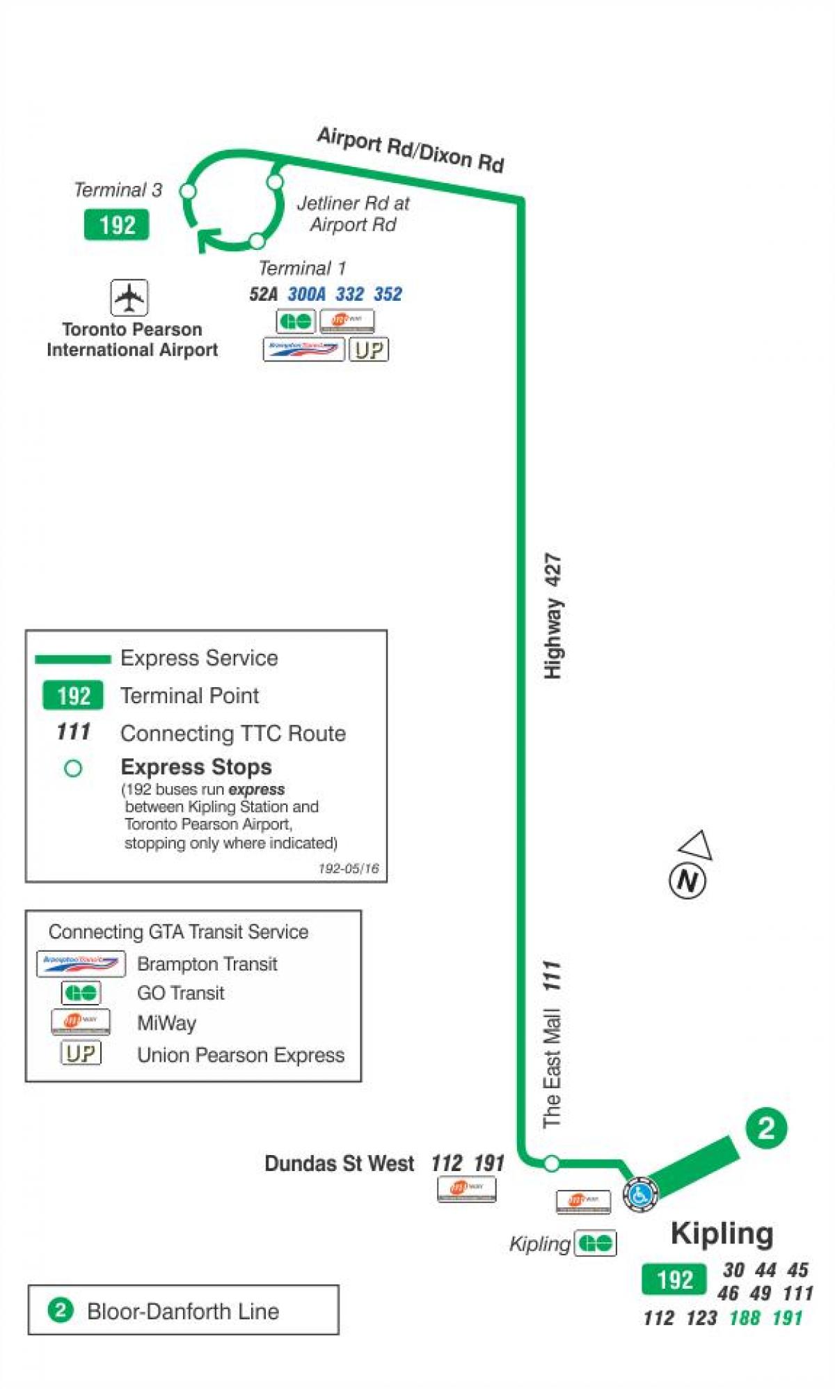 Mapa de TTC 192 Aeropuerto de Cohetes de la ruta de autobús de Toronto