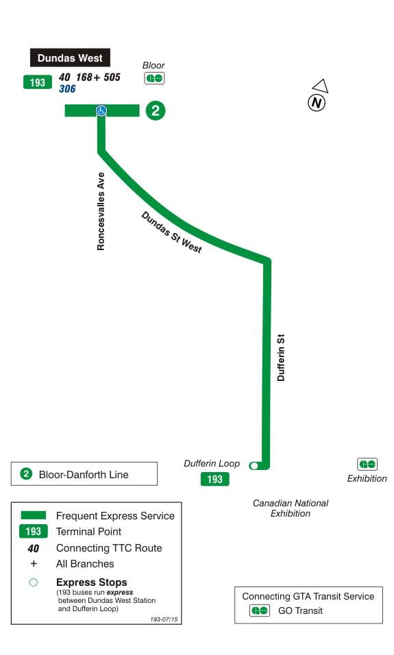 Mapa de TTC 193 Exposición de Cohetes de la ruta de autobús de Toronto