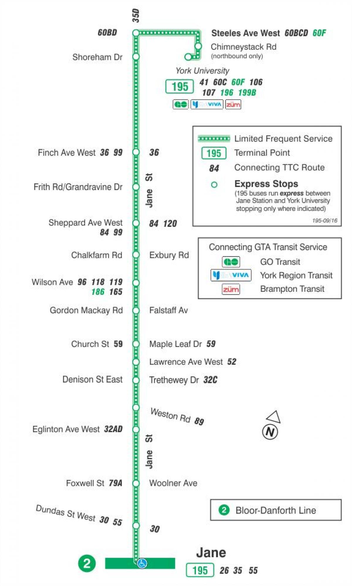 Mapa de TTC 195 Jane Cohete de la ruta de autobús de Toronto