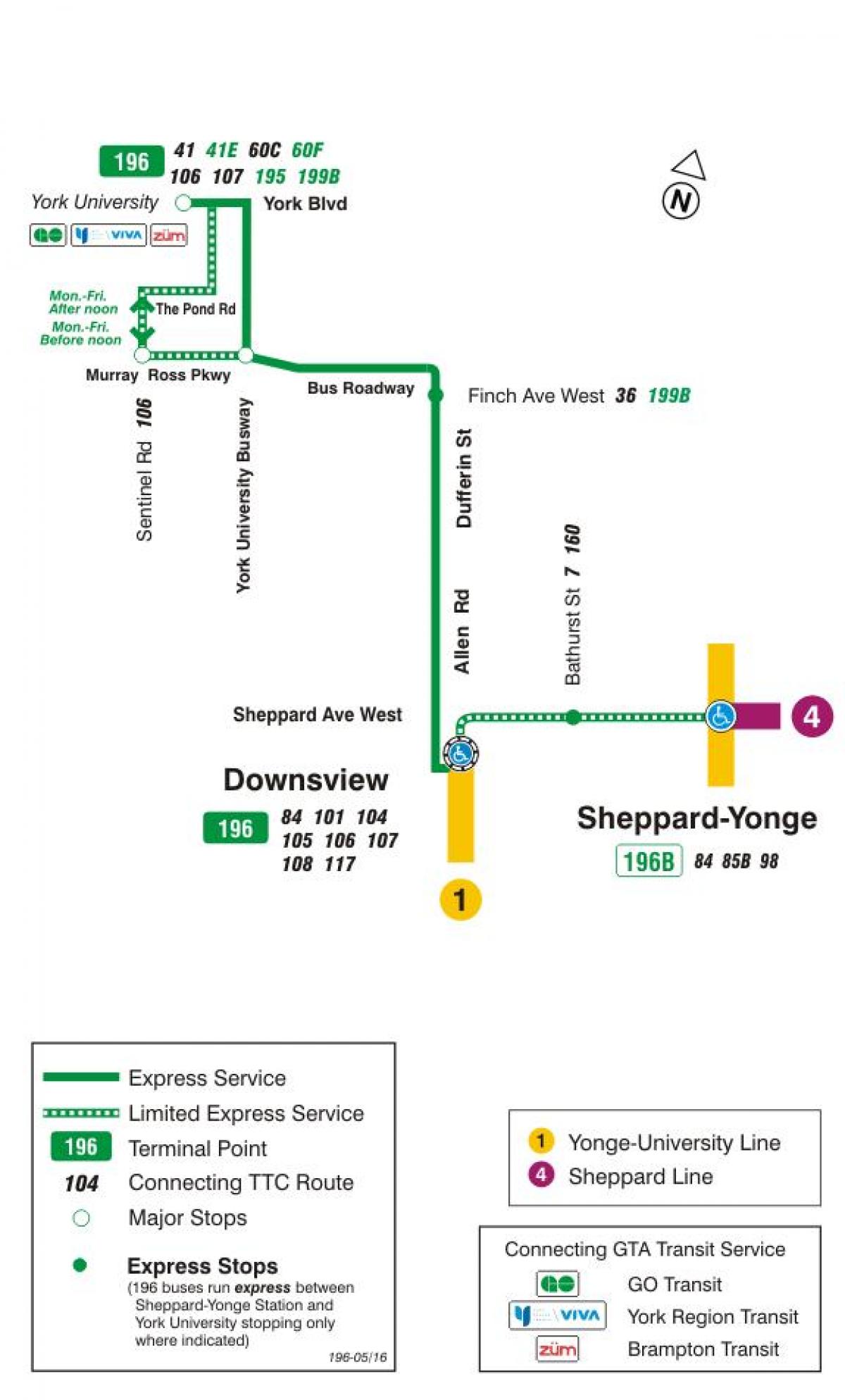 Mapa de TTC 196 Universidad de York Cohete de la ruta de autobús de Toronto