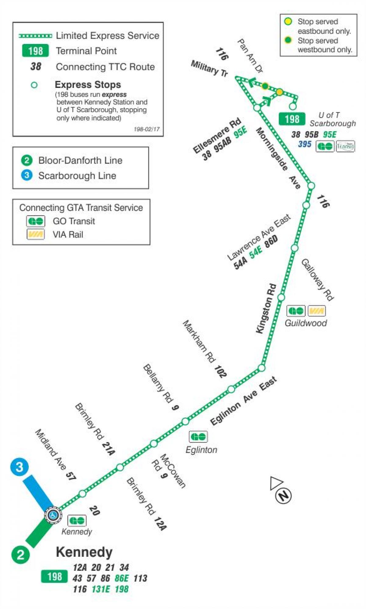 Mapa de TTC 198 de la U de T Scarborough Cohete de la ruta de autobús de Toronto