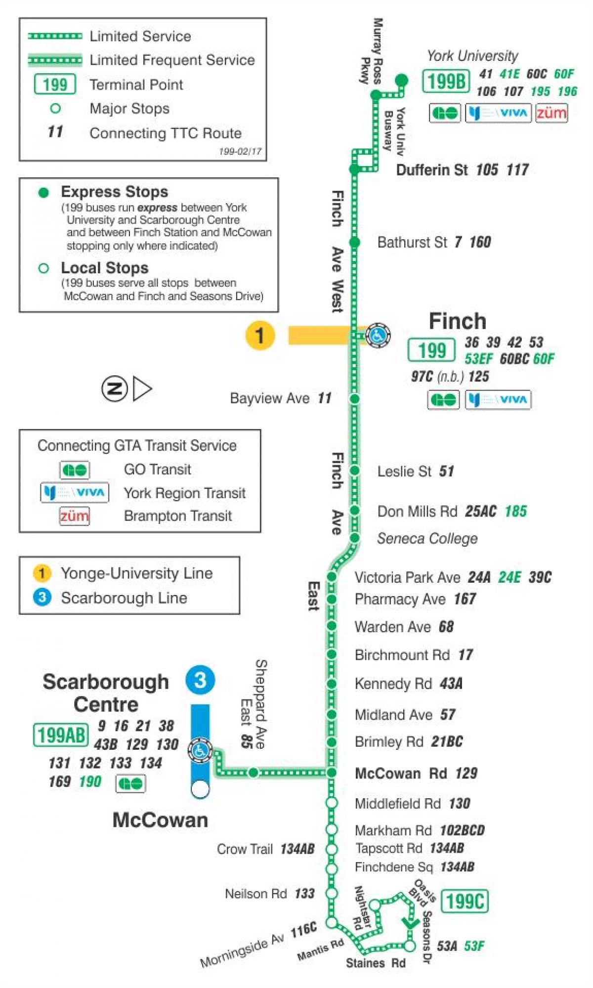 Mapa de TTC 199 Pinzón Cohete de la ruta de autobús de Toronto