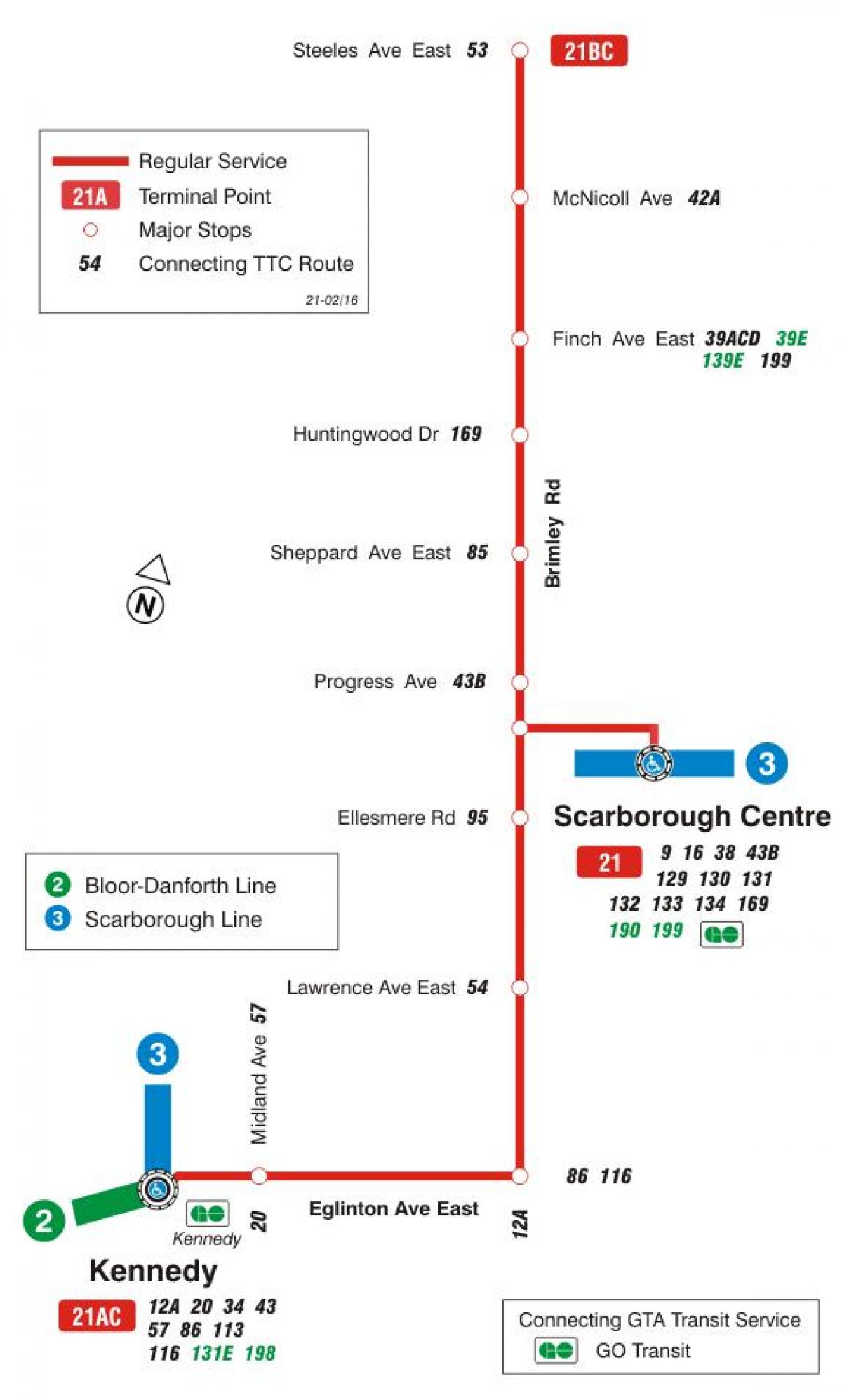 Mapa de TTC 21 Brimley la ruta de autobús de Toronto