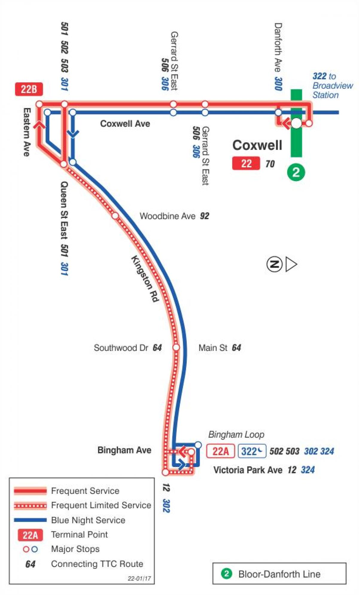 Mapa de TTC 22 Coxwell la ruta de autobús de Toronto