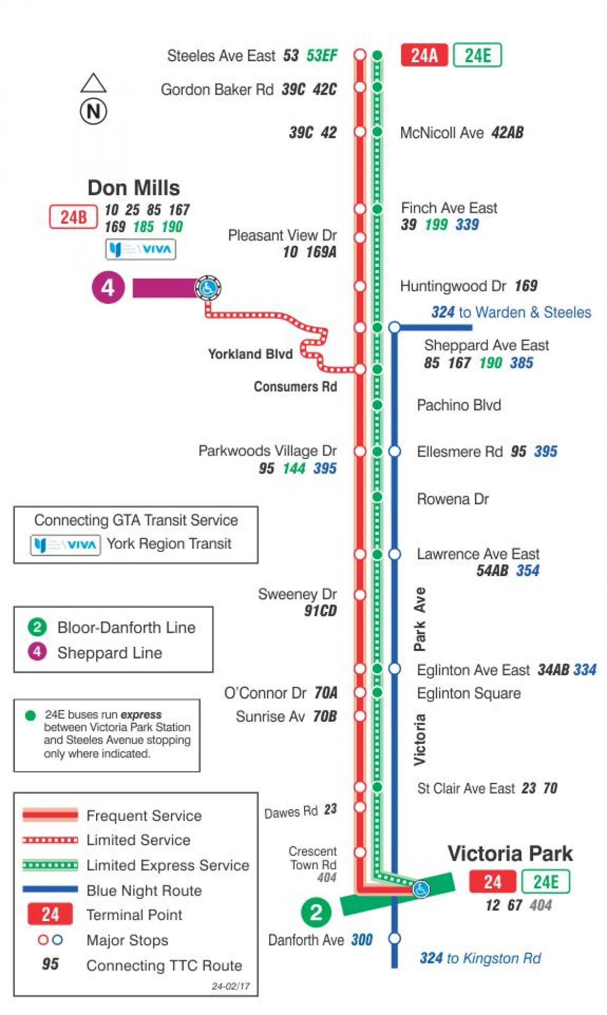Mapa de TTC 24 Parque de la Victoria de la ruta de autobús de Toronto