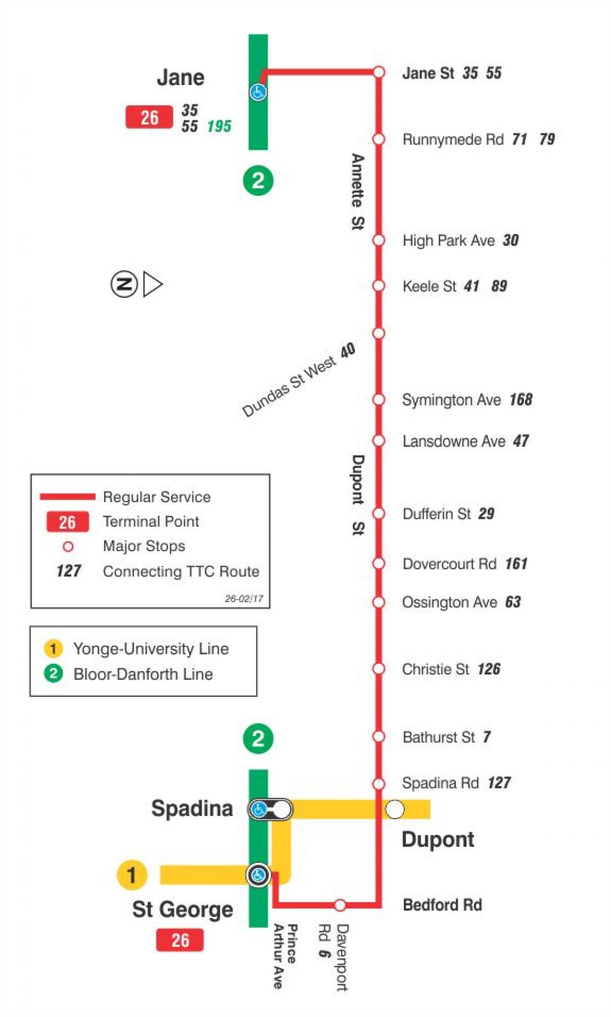Mapa de TTC 26 de Dupont de la ruta de autobús de Toronto