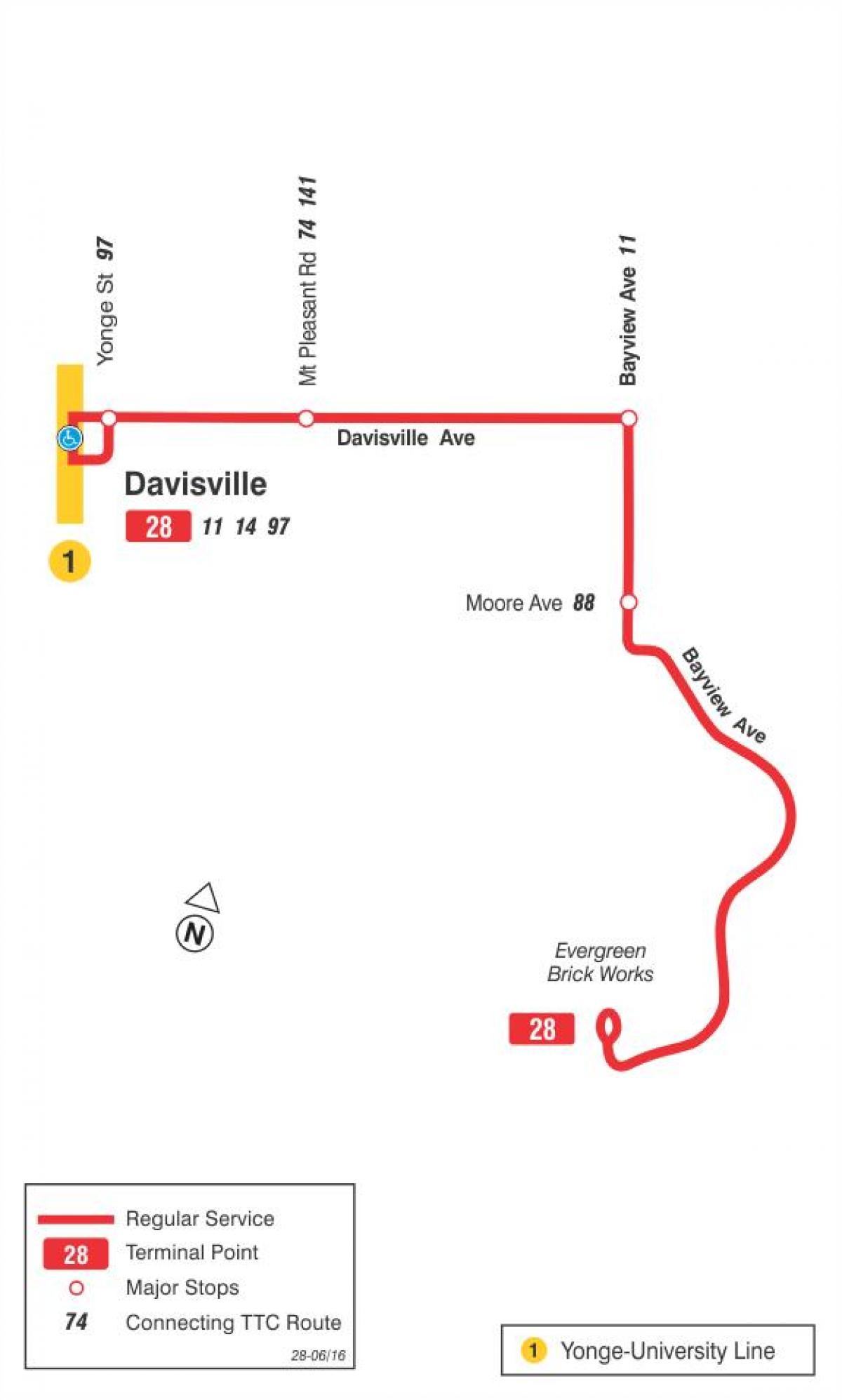 Mapa de TTC 28 de Bayview Sur de la ruta de autobús de Toronto