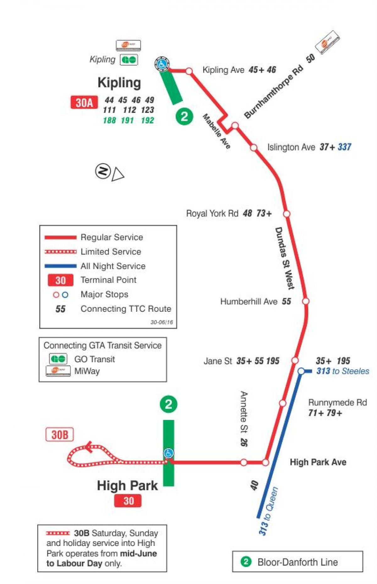 Mapa de TTC 30 Lambton la ruta de autobús de Toronto