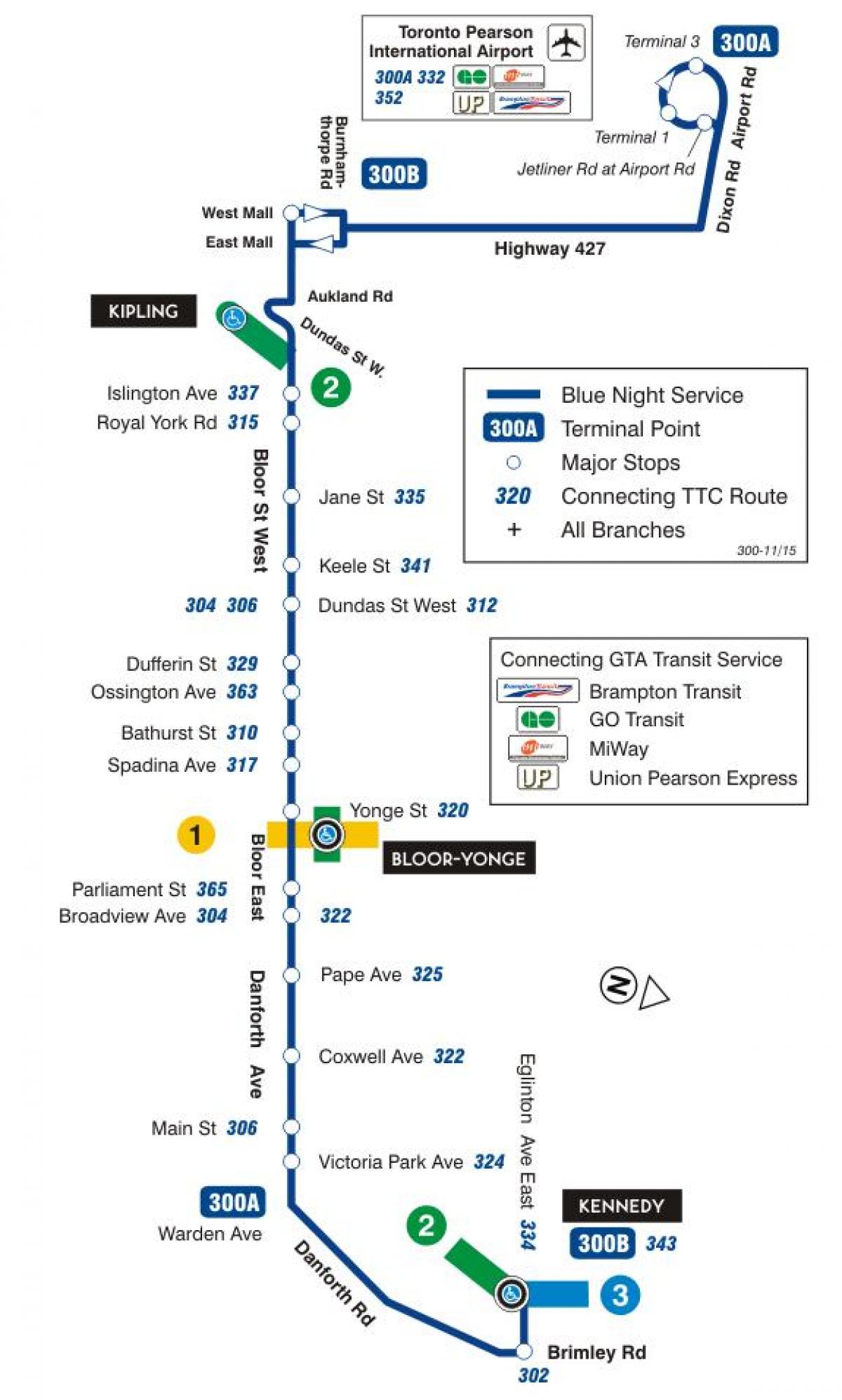 Mapa de TTC 300A Bloor-Danforth la ruta de autobús de Toronto