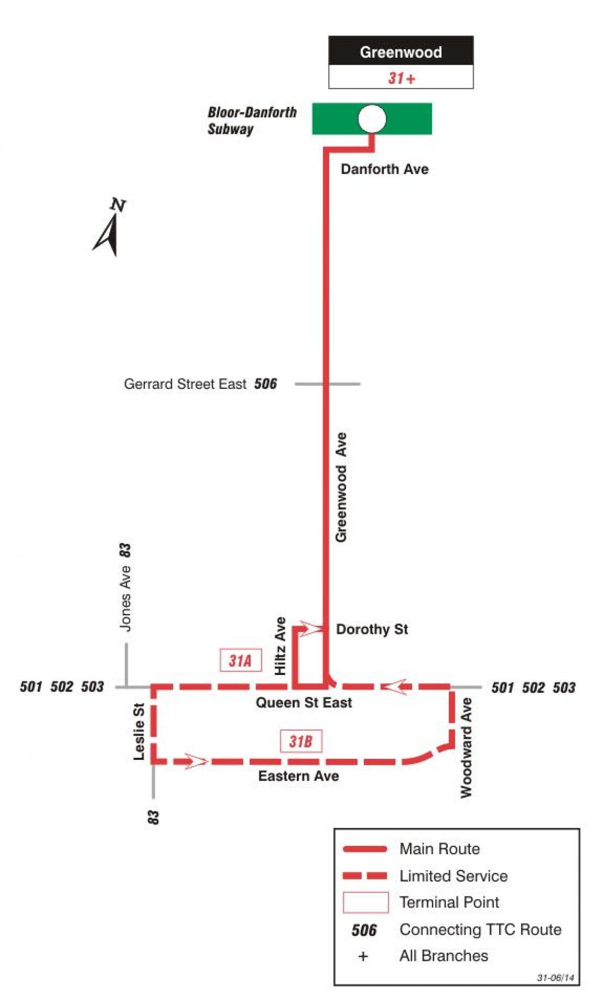 Mapa de TTC 31 de Greenwood de la ruta de autobús de Toronto