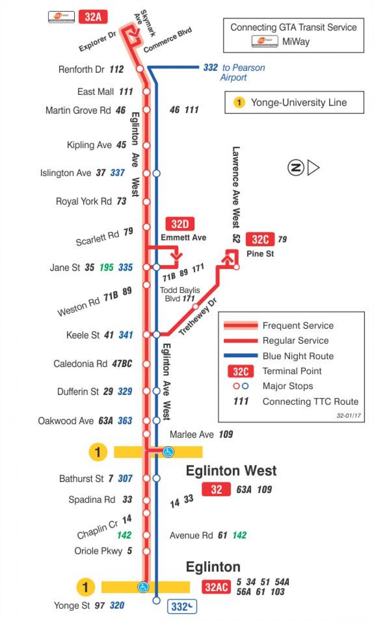 Mapa de TTC 32 Eglinton West de la ruta de autobús de Toronto