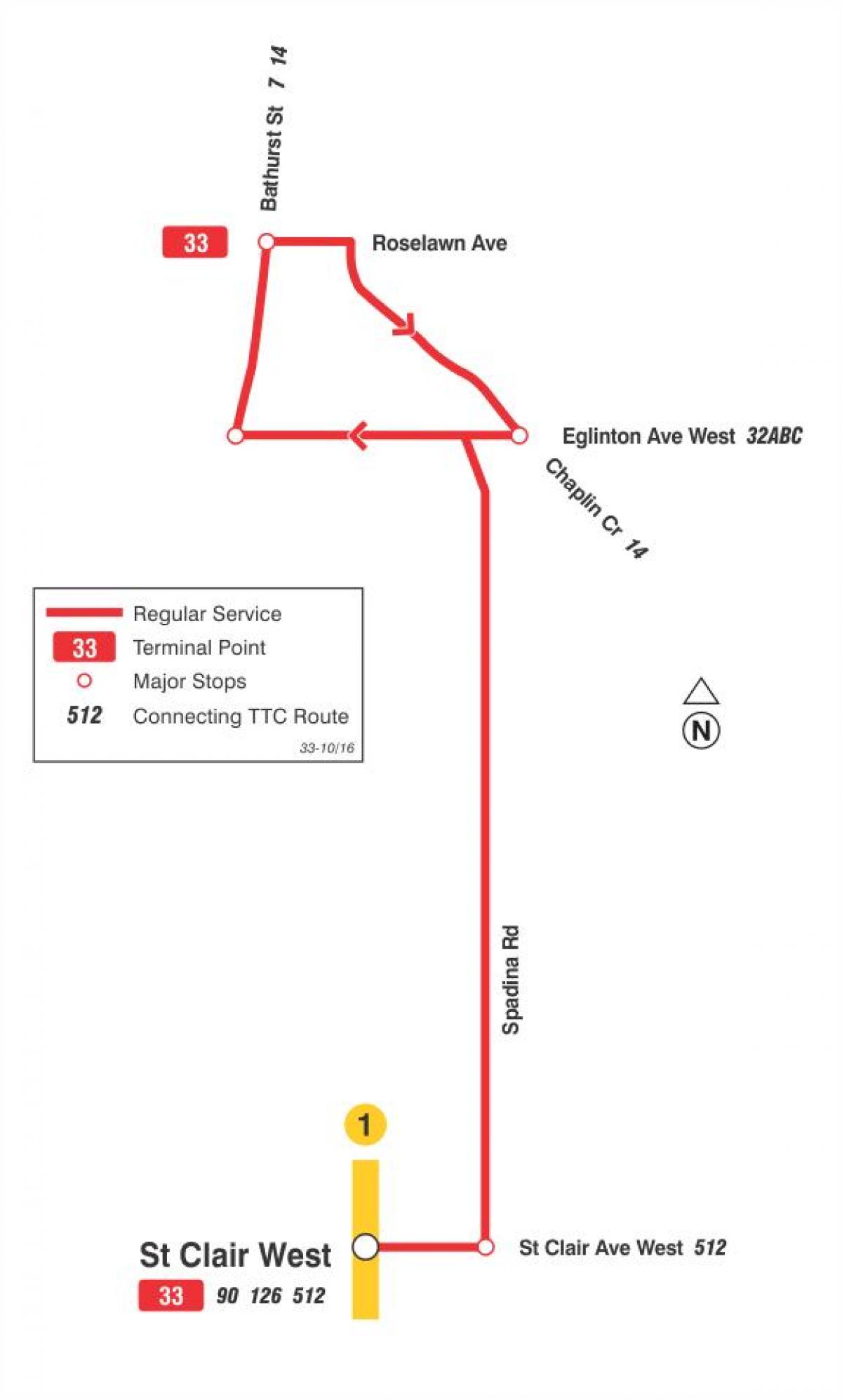 Mapa de TTC 33 Forest Hill la ruta de autobús de Toronto