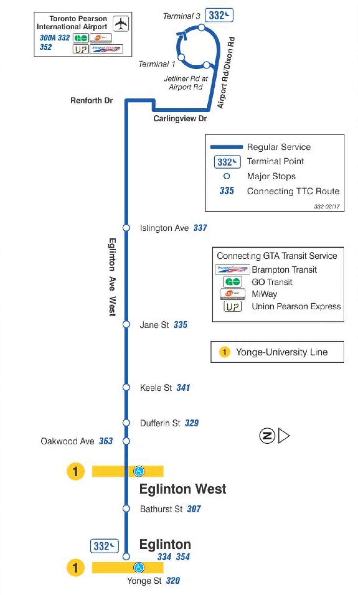 Mapa de TTC 332 Eglinton West de la ruta de autobús de Toronto