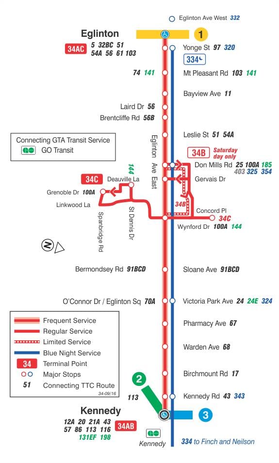 Mapa de TTC 34 Eglinton Oriente de la ruta de autobús de Toronto