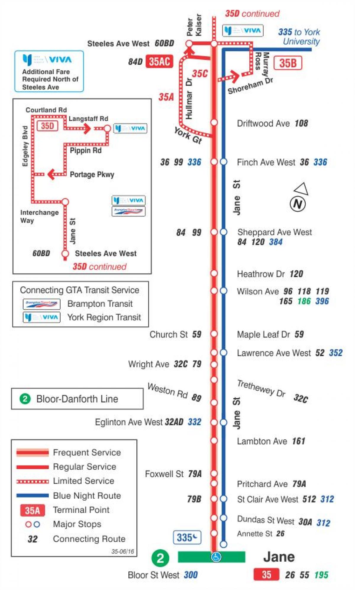 Mapa de TTC 35 Jane ruta de autobús de Toronto