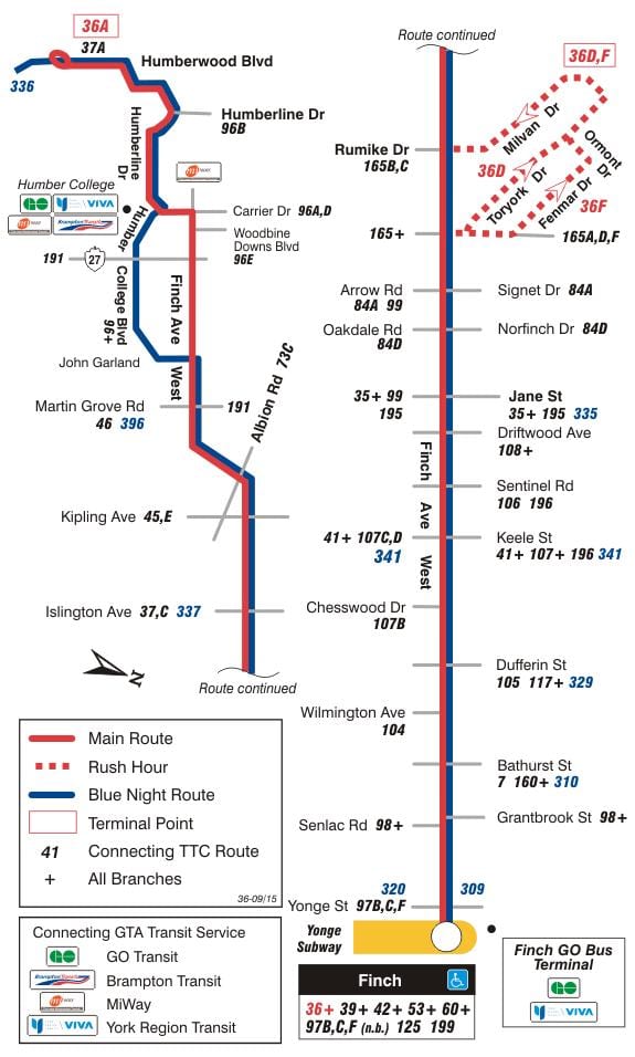 Mapa de TTC 36 Pinzón Oeste de la ruta de autobús de Toronto