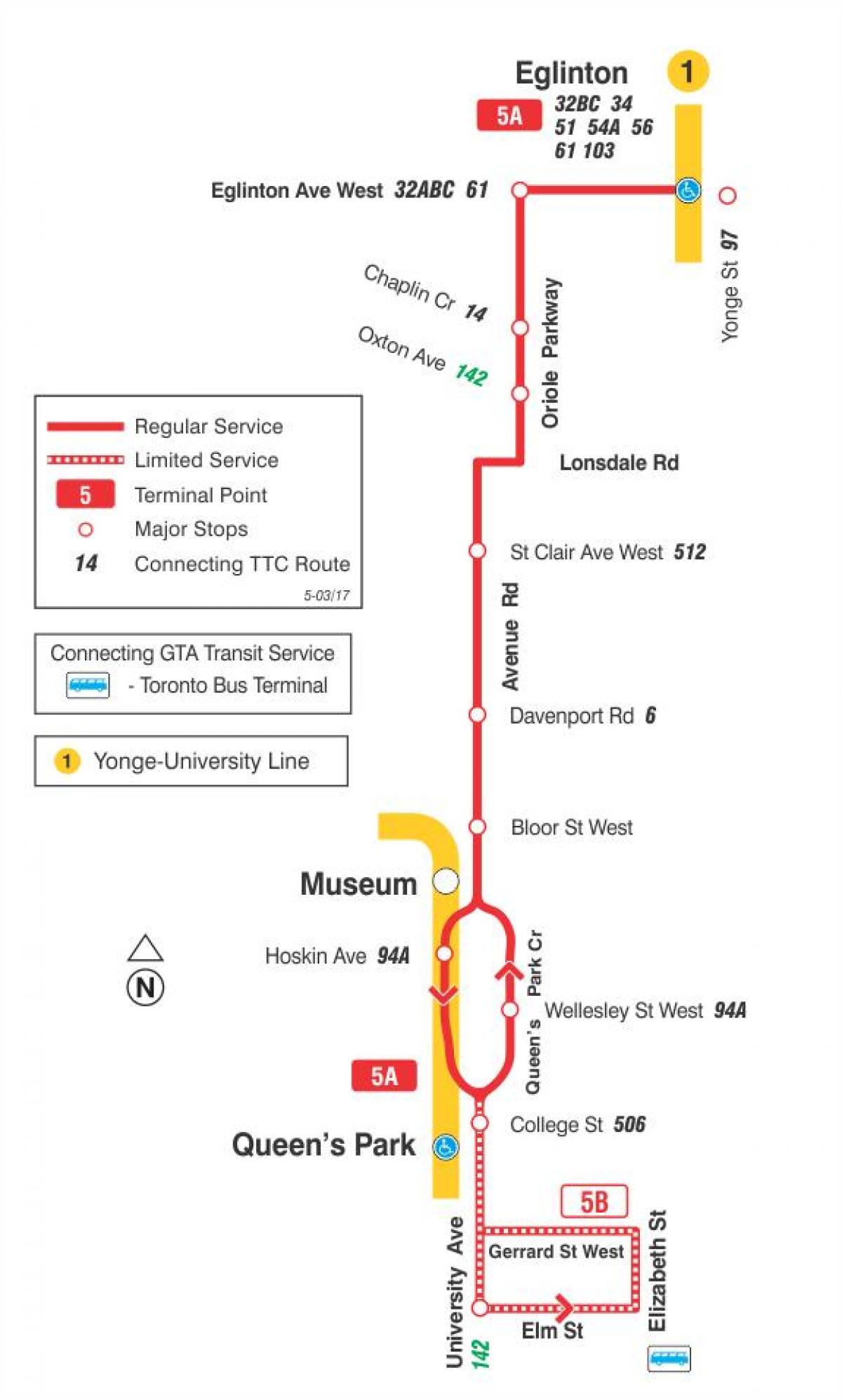 Mapa de TTC 5 Avenue Rd ruta de autobús de Toronto